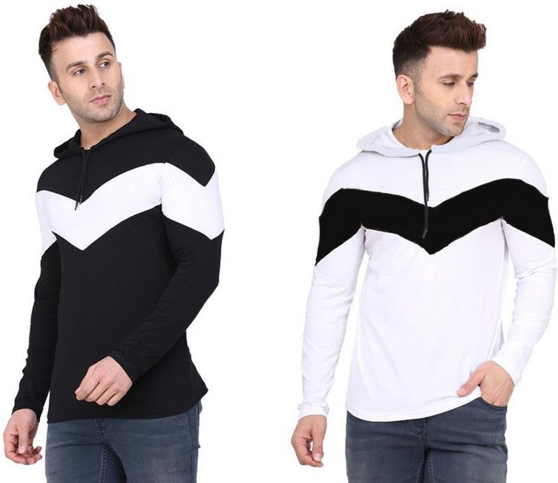Pack of 2 Men Colorblock Hooded Neck Cotton Blend White, Black T-Shirt