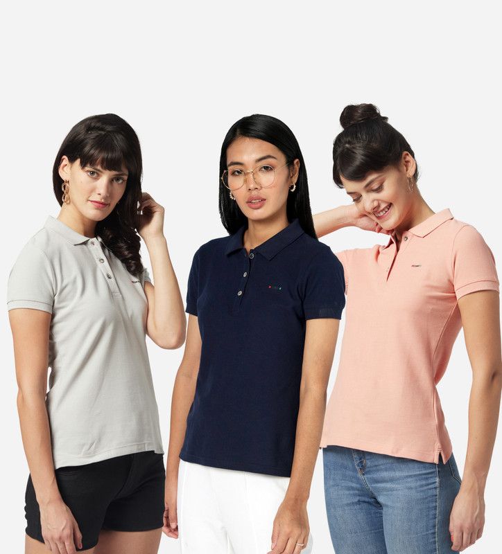 Pack of 3 Women Solid Polo Neck Pure Cotton Multicolor T-Shirt