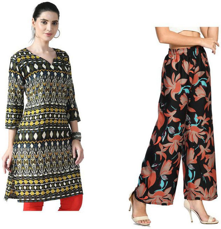 Pack of 2 Women Printed Crepe Flared Kurta  (Black, Yellow)