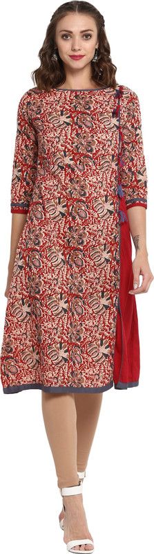 Women Floral Print Pure Cotton A-line Kurta  (Red)