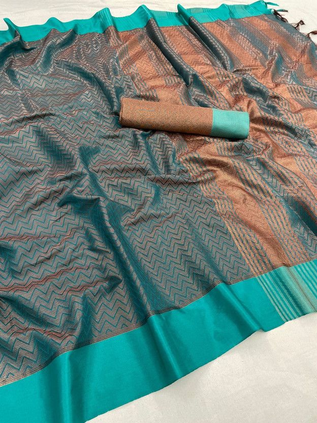 Solid/Plain, Self Design, Woven, Striped Kanjivaram Cotton Silk, Cotton Linen Saree  (Dark Green)
