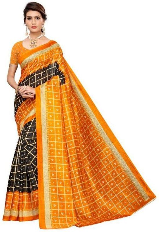 Checkered Bandhani Linen Saree  (Black)