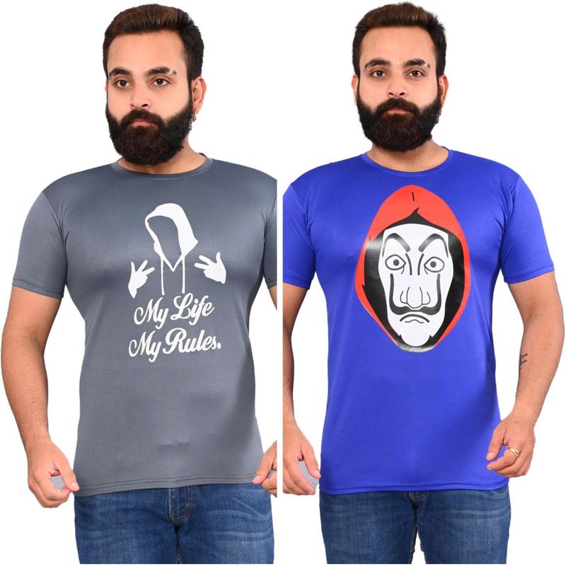 Pack of 2 Men Printed Round Neck Elastane Dark Blue, Grey T-Shirt