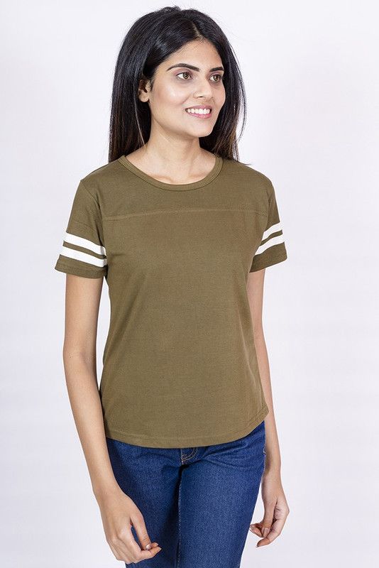 Women Colorblock Round Neck Cotton Blend Dark Green T-Shirt