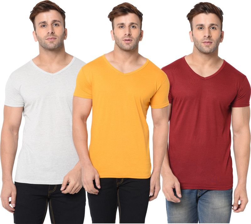 Pack of 3 Men Self Design, Solid V Neck Cotton Blend Maroon, Grey, Yellow T-Shirt