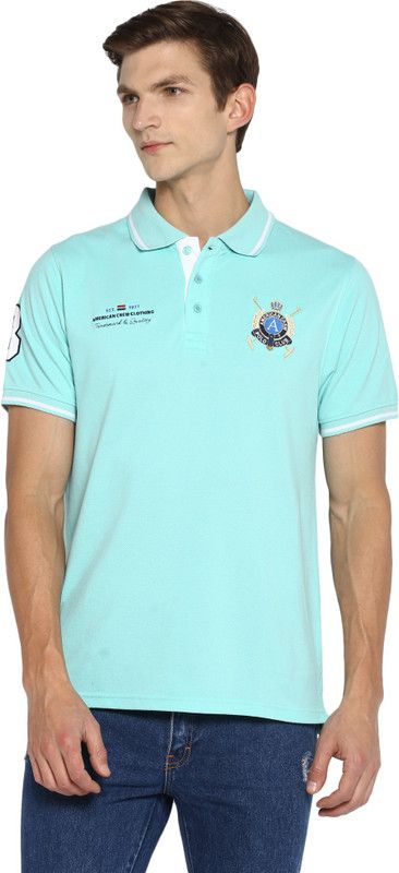 Men Embroidered Polo Neck Poly Cotton Light Blue T-Shirt