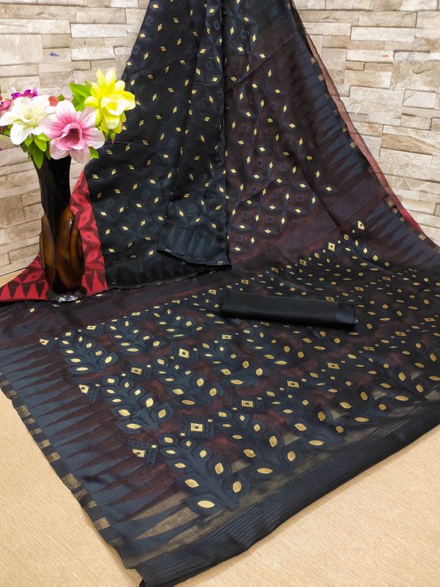 Self Design Jamdani Pure Cotton Saree  (Black)