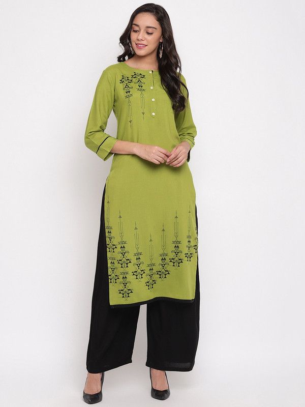Women Block Print Viscose Rayon Straight Kurta  (Green)