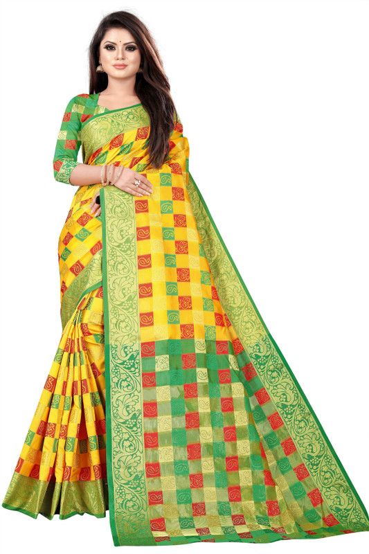 Self Design, Woven, Checkered Banarasi Silk Blend, Satin Saree  (Multicolor)