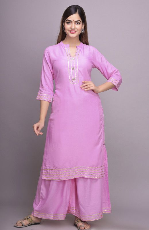 Women Embellished, Solid Viscose Rayon Straight Kurta With Attached Dupatta  (Pink)