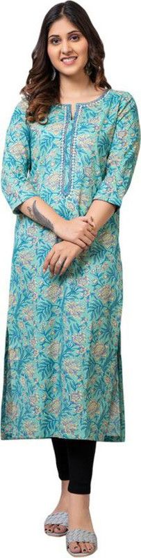 Women Embroidered, Floral Print Pure Cotton Straight Kurta  (Blue)