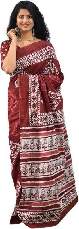 Printed, Self Design, Hand Painted, Blocked Printed, Graphic Print Ikkat Pure Cotton Saree  (Maroon)