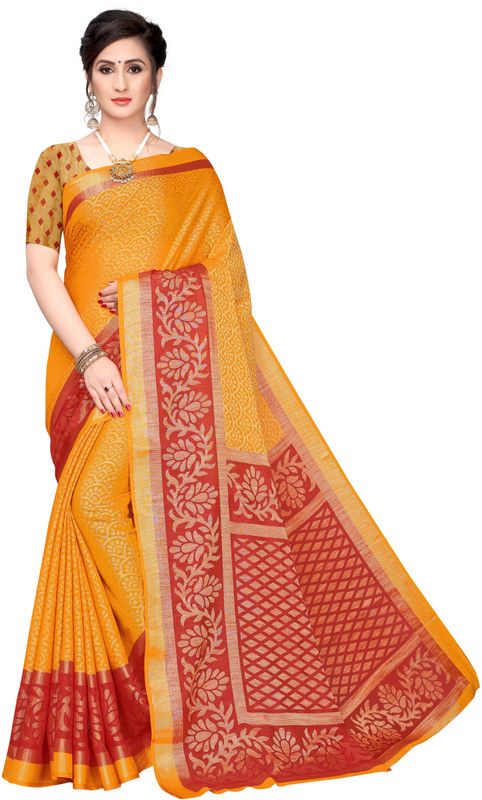 Woven Bollywood Brasso Saree  (Yellow)
