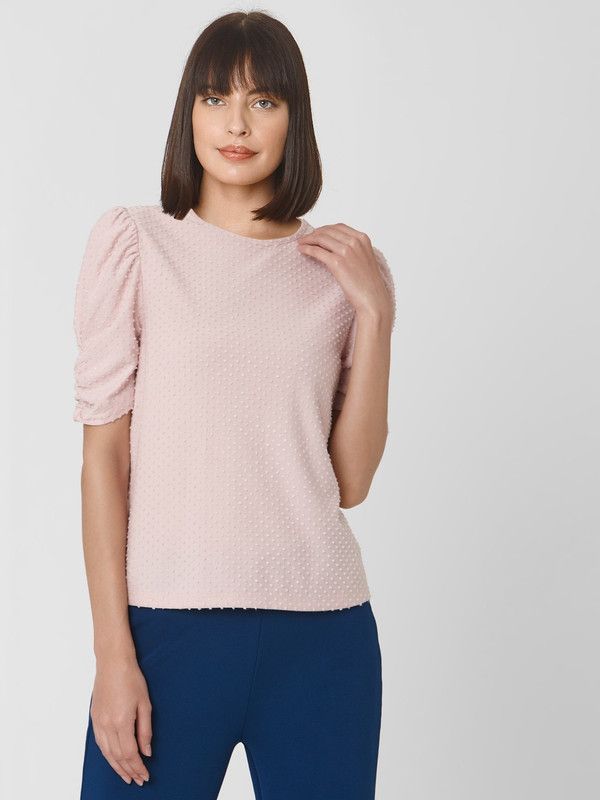 Casual Puff Sleeves Embossed Women Pink Top