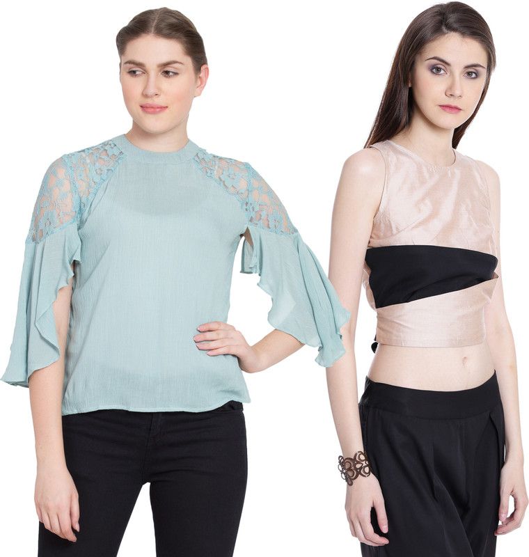 Pack of 2 Casual Sleeveless Lace Women Beige Top