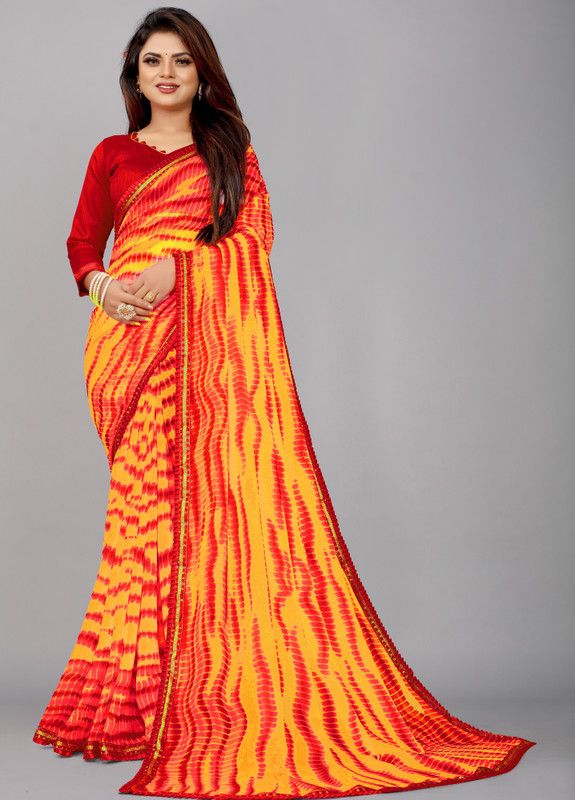 Printed Leheria Georgette, Chiffon Saree  (Red, Yellow)