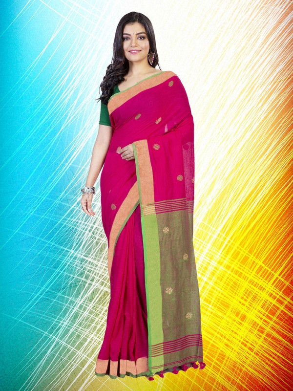 Embroidered Handloom Cotton Blend Saree  (Pink)