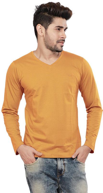 Men Solid V Neck Pure Cotton Gold T-Shirt