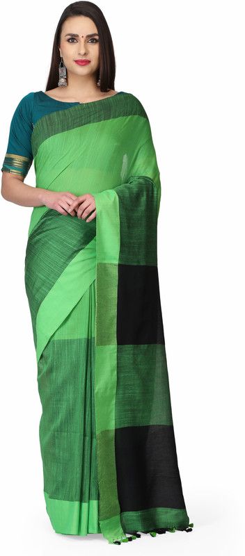 Self Design Handloom Pure Cotton Saree  (Light Green)