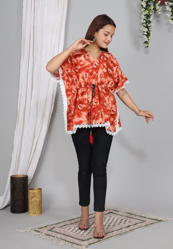 Casual Kaftan Sleeve Tie & Dye Women Orange Top