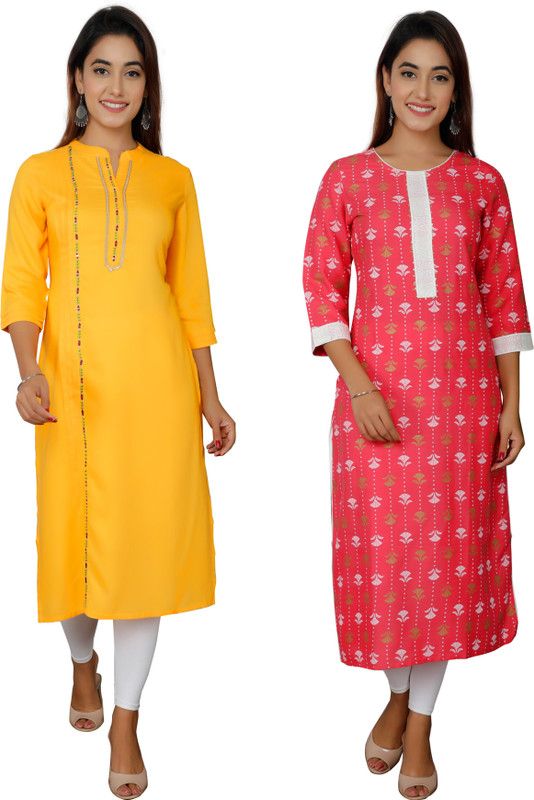 Pack of 2 Women Printed Viscose Rayon Straight Kurta  (Red, Yellow)