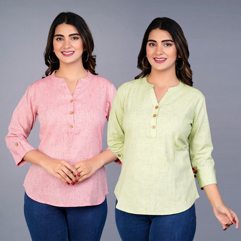 Pack of 2 Casual Roll Up Sleeves Printed Women Multicolor Top