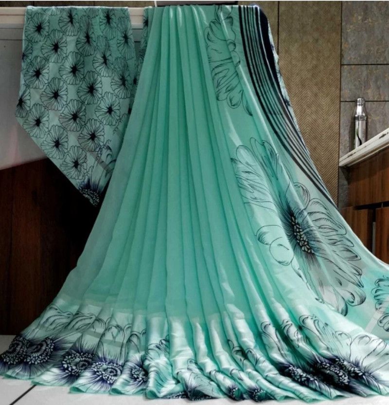 Printed Jamdani Georgette, Art Silk Saree  (Green, Black)