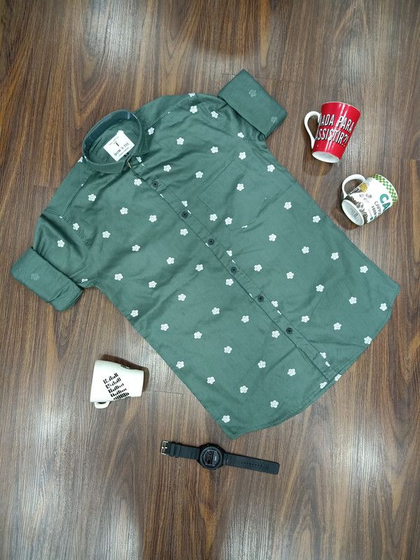 Men Polka Print Formal Green Shirt