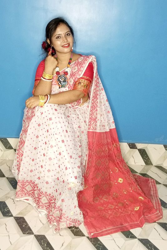 Embroidered Jamdani Cotton Blend Saree  (Multicolor)
