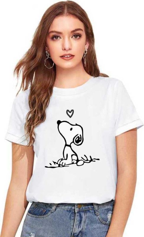 WOMEN T-SHIRT -WDM Women Printed Round Neck Cotton Blend White T-Shirt