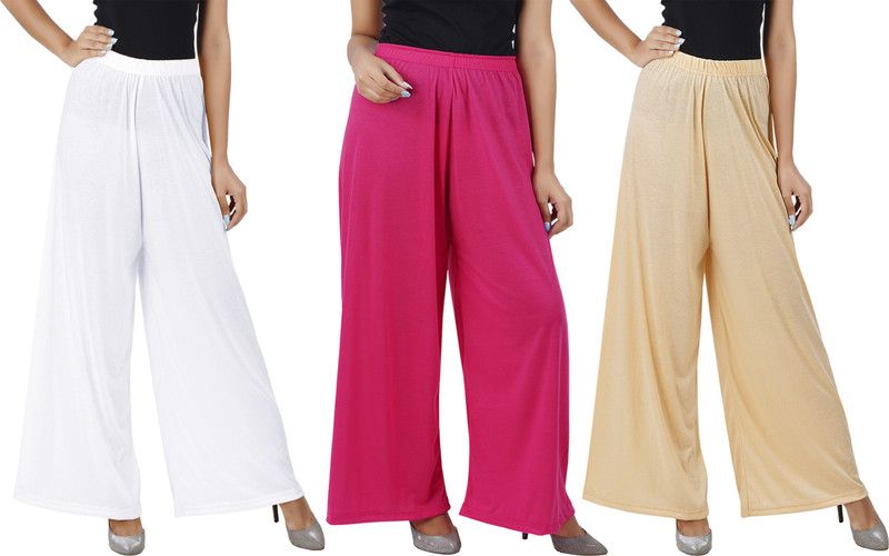 Pack of 3 Women Flared White, Pink, Beige Cotton Blend Trousers