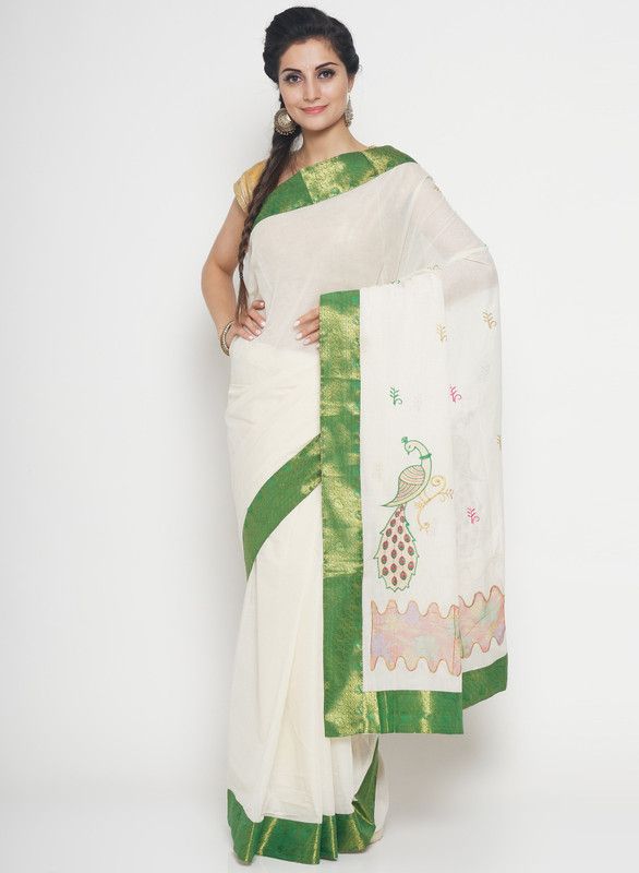 Woven Kasavu Cotton Blend Saree  (White, Green)