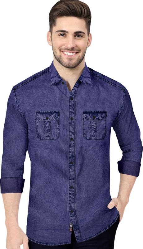 Men Washed Casual Dark Blue Shirt