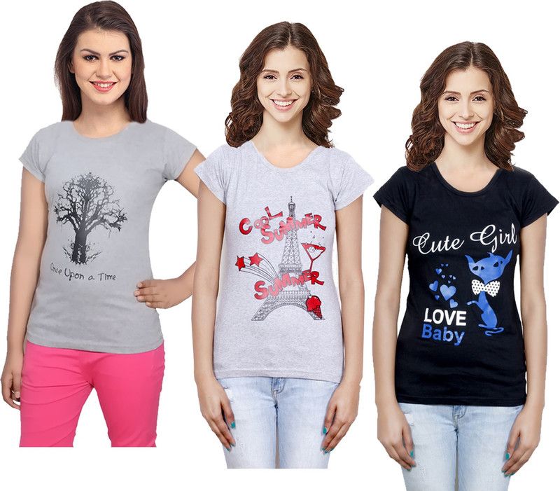 Pack of 3 Women Printed Round Neck Poly Cotton Black, Grey T-Shirt