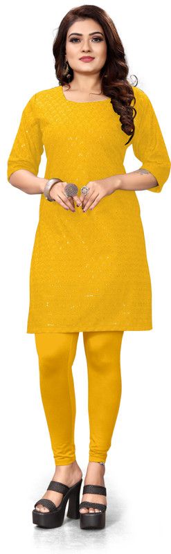 Women Chikan Embroidery Cotton Silk Straight Kurta  (Yellow)