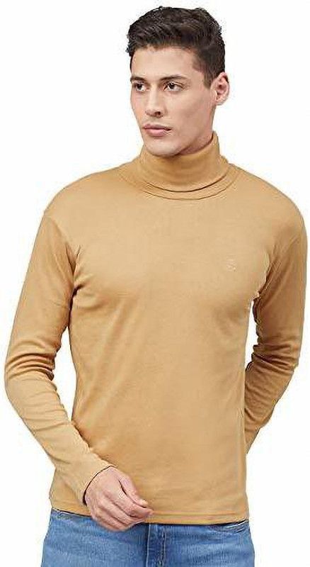 Men Solid High Neck Poly Cotton Beige T-Shirt