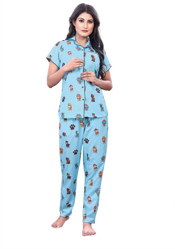 Women Printed Blue Shirt & Pyjama set