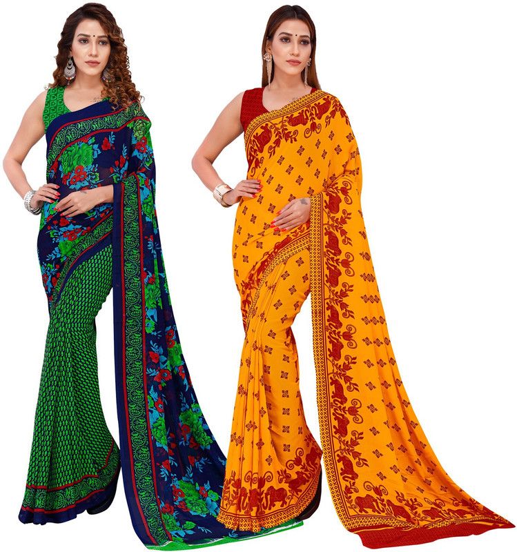 Floral Print Daily Wear Georgette Saree  (Pack of 2, Green, Blue, Yellow)