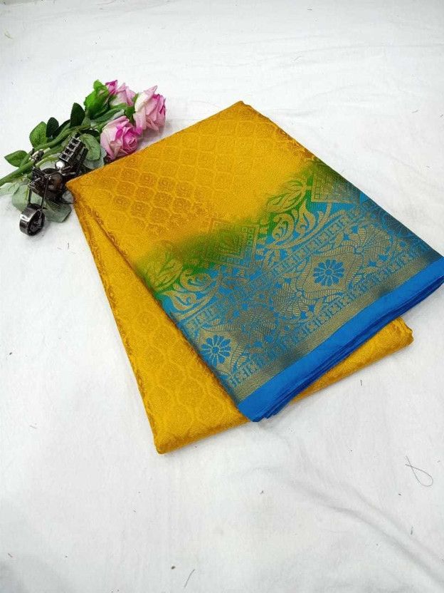 Woven Kanjivaram Pure Silk, Art Silk Saree  (Light Blue, Yellow)