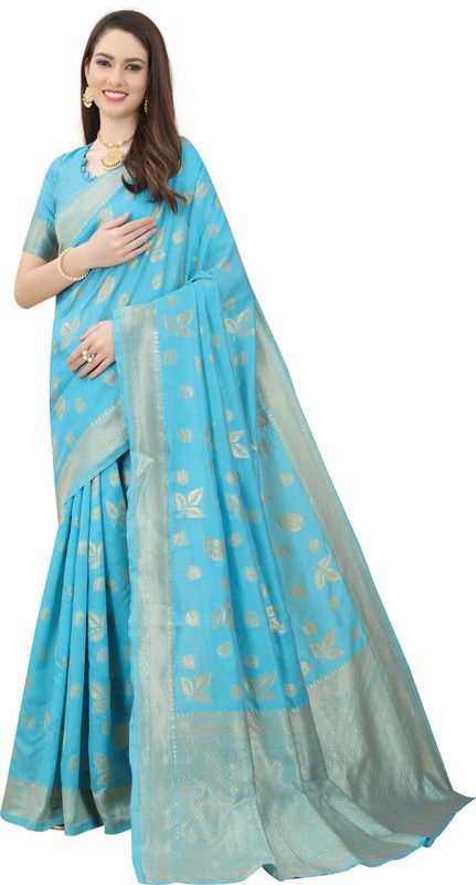 Woven Chanderi Polyester Saree  (Light Blue)