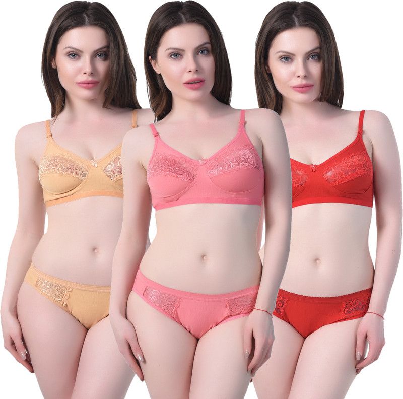 Bra & Panty Set Solid Red, Pink, Beige Lingerie Set
