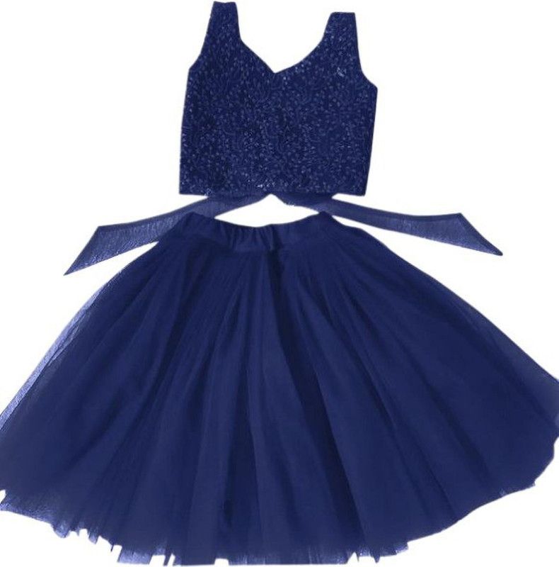 Indi Girls Lehenga Choli Ethnic Wear Embroidered Lehenga & Crop Top  (Dark Blue, Pack of 1)