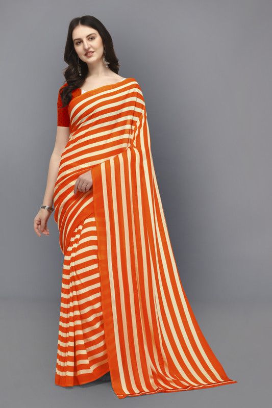 Striped Daily Wear Georgette Saree  (Orange)