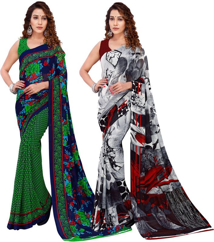 Floral Print Daily Wear Georgette Saree  (Pack of 2, Green, Blue, Grey)