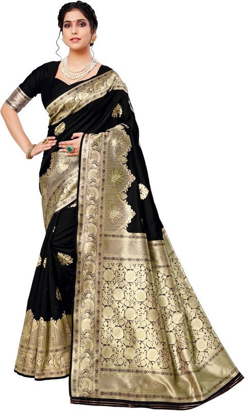 Self Design Banarasi Cotton Silk Saree  (Black)