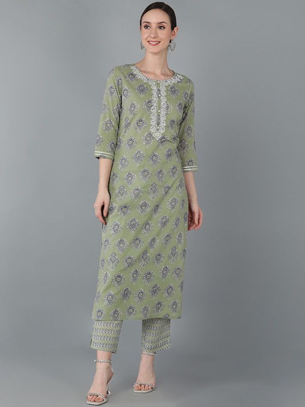 Women Printed Pure Cotton Straight Kurta  (Light Green)