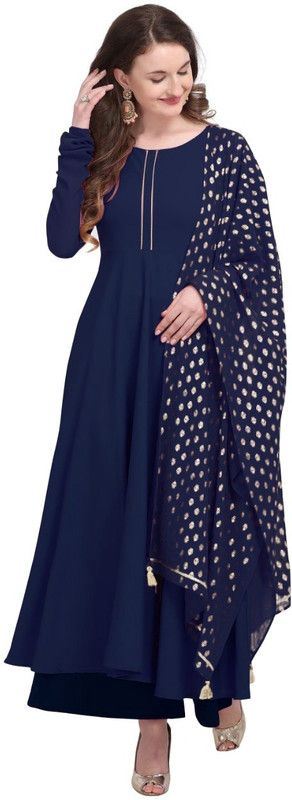 Women Embroidered Georgette Anarkali Kurta With Attached Dupatta  (Dark Blue)