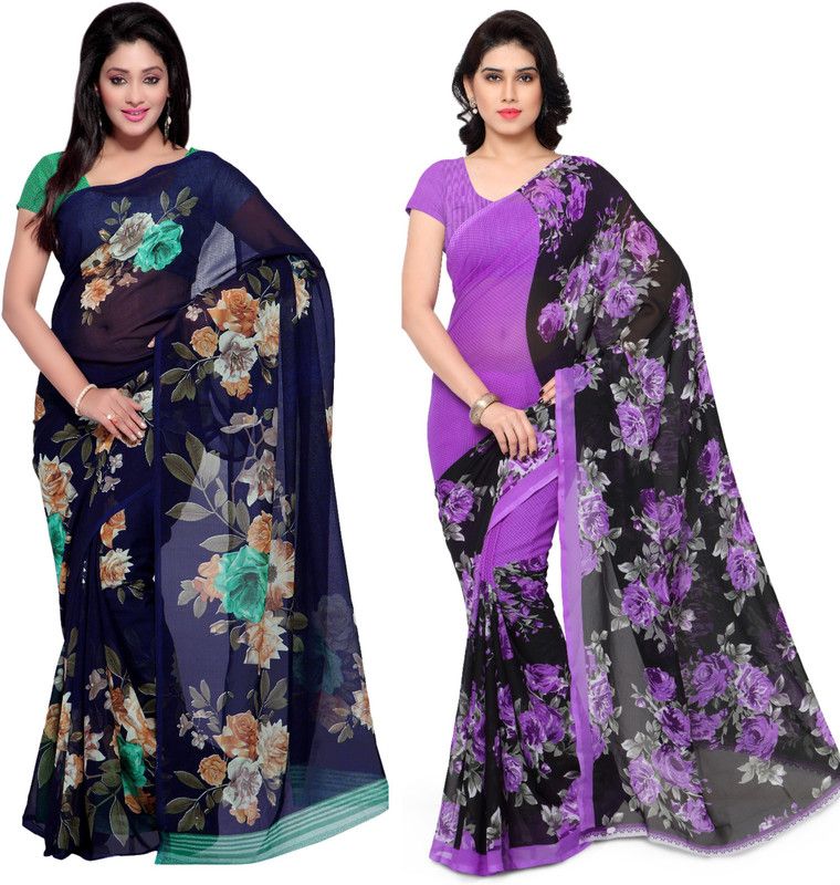 Printed, Floral Print Bollywood Georgette Saree  (Pack of 2, Purple, Dark Blue)