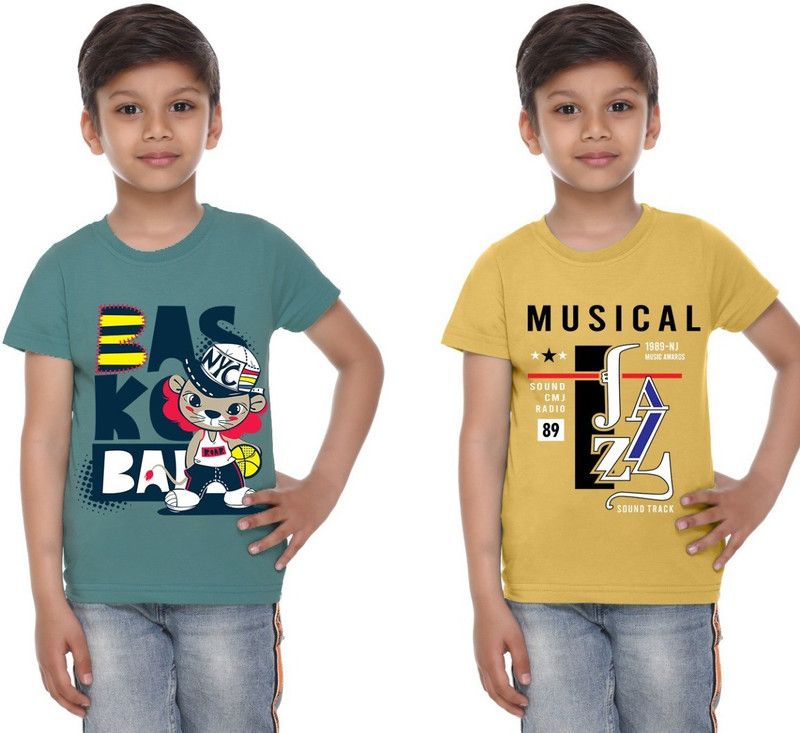 Boys Printed Cotton Blend T Shirt  (Yellow, Pack of 2)