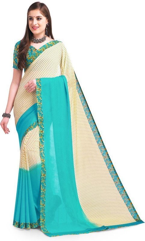 Floral Print Daily Wear Georgette, Chiffon Saree  (Blue, Beige)